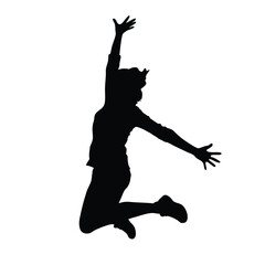 A woman is jumping in the air. She is wearing a black shirt and black pants