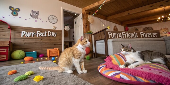 Captivating Panoramic Scene Featuring Playful Cats in Vibrant Colors Amidst a Cozy Indoor Setting with Inspirational Quotes and Whimsical Decor for Cat Lovers
