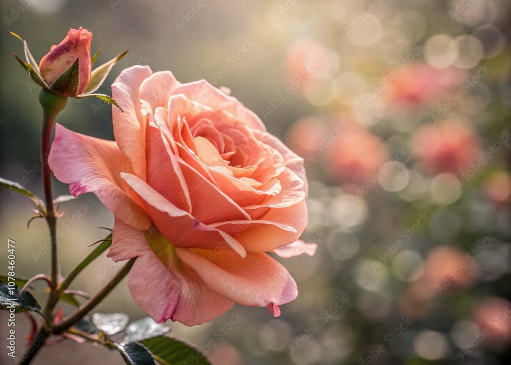 Poster captivating peach rose macro with bokeh effect, showcasing soft petals and dreamy background for flo