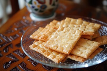 Rengginang crackers are presented on a clear plate atop a brown patterned table a traditional dish for West Javanese