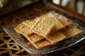 Rengginang crackers are presented on a transparent glass dish atop a brown patterned table showcasing traditional Indonesian cuisine particularly for West Java