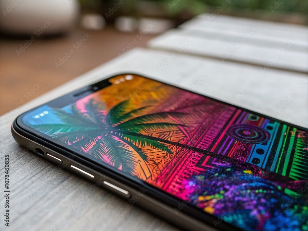 Poster captivating portrait of a colorful digital glitch art displayed on a smartphone screen, showcasing a