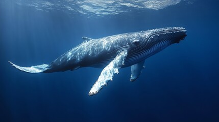 A humpback whale swims in the ocean.