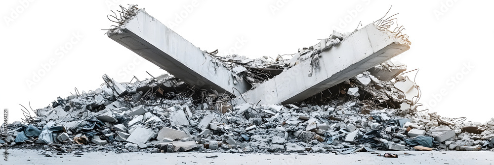 Aufkleber building beam. wreckage of a destroyed building with concrete debris and garbage on white background