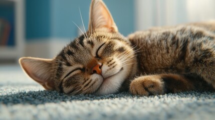 Cat sleeping on the bed and floor with soft fur in a cozy indoor setting