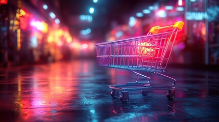 shopping cart with dark neon light effect 3d rendering