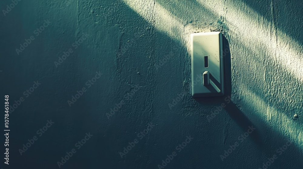 Poster minimalist wall switch on textured surface with dramatic shadows and soft light, evoking calm and se