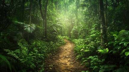Fototapeta premium Explorer Trekking Along a Lush Forest Path, Capturing the Essence of Nature. This photo of an explorer trekking through a dense forest trail offers ample copy space for creative use.