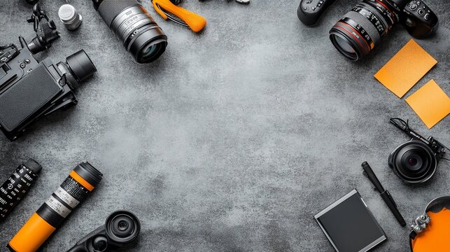 Flat lay of various photography and videography equipment, including cameras, lenses, and accessories, on a grey background.