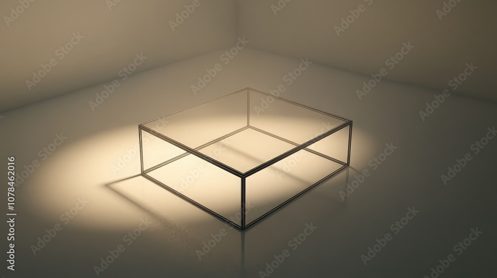 Poster minimalist glass display box illuminated by soft light on a reflective surface in a modern space, sh