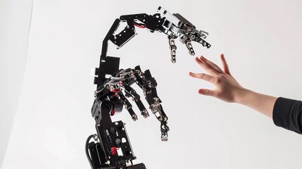 Fascinating Interaction of a Robot and a Human with Their Hands Touching on a Plain White Background. Intricate Connection between Man-made Machine and Human Being in a Simplistic Setting.
