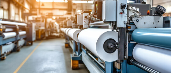 Modern printing house showcasing high-capacity production of white paper rolls in a vibrant, industrial-style environment with natural light