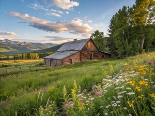 Captivating Product Photography of the Iconic Steamboat Spring Barn Surrounded by Lush Greenery and Bright Blue Skies, Perfect for Showcasing Rustic Charm and Natural Beauty