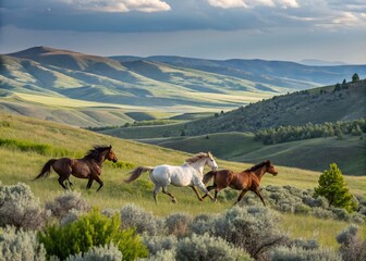 Obraz premium Captivating Product Photography of Wild Horses Roaming the Scenic Landscapes of Eastern Washington, Showcasing Their Natural Beauty and Grace in a Stunning Natural Setting
