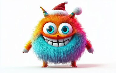 Fototapeta premium Cute and funny colored furry chrismas style monster 3D cartoon character. huge big eyes good smile furry and pretty on white background 