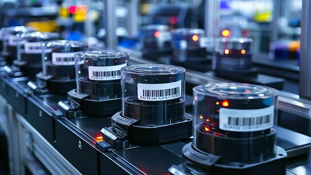 Barcode labels affixed to equipment packaging for inventory management and tracking. Professional and organized scene ideal for logistics, warehouse operations, supply chain, and quality control cont