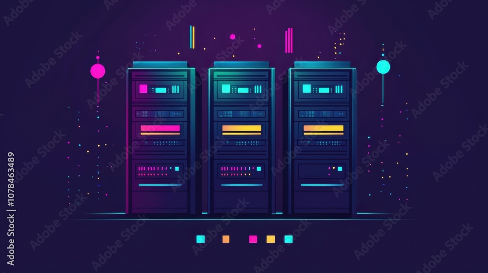 Poster A group of servers with illuminated indicators is displayed prominently on a dark backdrop, showcasing advanced technology features. Generative AI