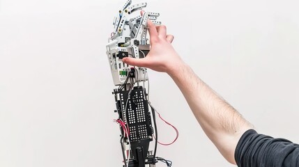 Fototapeta premium Fascinating Interaction of a Robot and a Human with Their Hands Touching on a Plain White Background. Intricate Connection between Man-made Machine and Human Being in a Simplistic Setting.