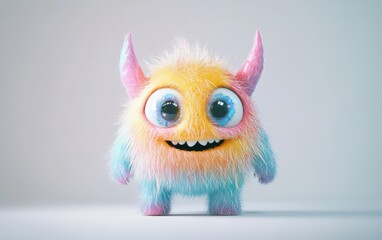 Fototapeta premium Cute and funny colored furry chrismas style monster 3D cartoon character. huge big eyes good smile furry and pretty on white background 