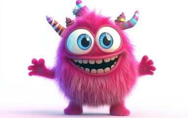 Fototapeta premium Cute and funny colored furry chrismas style monster 3D cartoon character. huge big eyes good smile furry and pretty on white background 