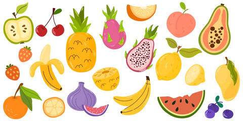 Set of different fruits and berries. Collection of organic vitamins and healthy nutrition. Watermelon, pineapple, bananas and cherry. Colored flat vector illustration isolated on white background