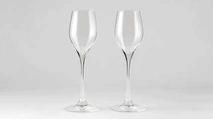 Obraz premium Elegant Pair of Classic Transparent Wine Glasses with Long Stems Against a Soft Gray Background for Sophisticated Dining and Celebrations