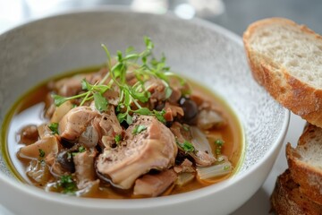 Tasty tripe broth accompanied by whole grain bread