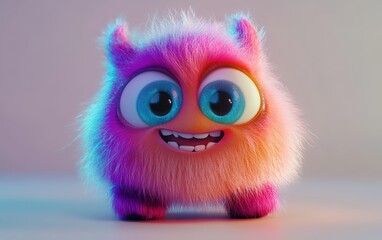 Cute and funny colored furry chrismas style monster 3D cartoon character. huge big eyes good smile furry and pretty on white background
