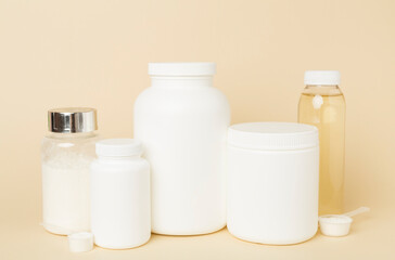 Jar with protein powder on color background. Sports nutrition concept