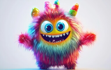 Fototapeta premium Cute and funny colored furry chrismas style monster 3D cartoon character. huge big eyes good smile furry and pretty on white background 