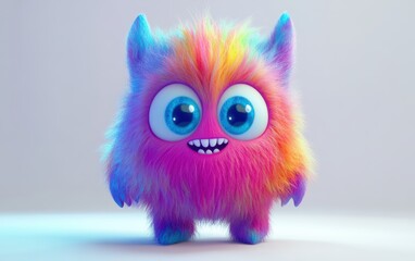 Fototapeta premium Cute and funny colored furry chrismas style monster 3D cartoon character. huge big eyes good smile furry and pretty on white background 