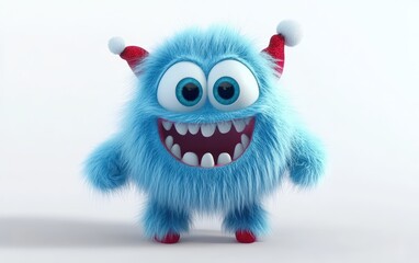 Fototapeta premium Cute and funny colored furry chrismas style monster 3D cartoon character. huge big eyes good smile furry and pretty on white background 