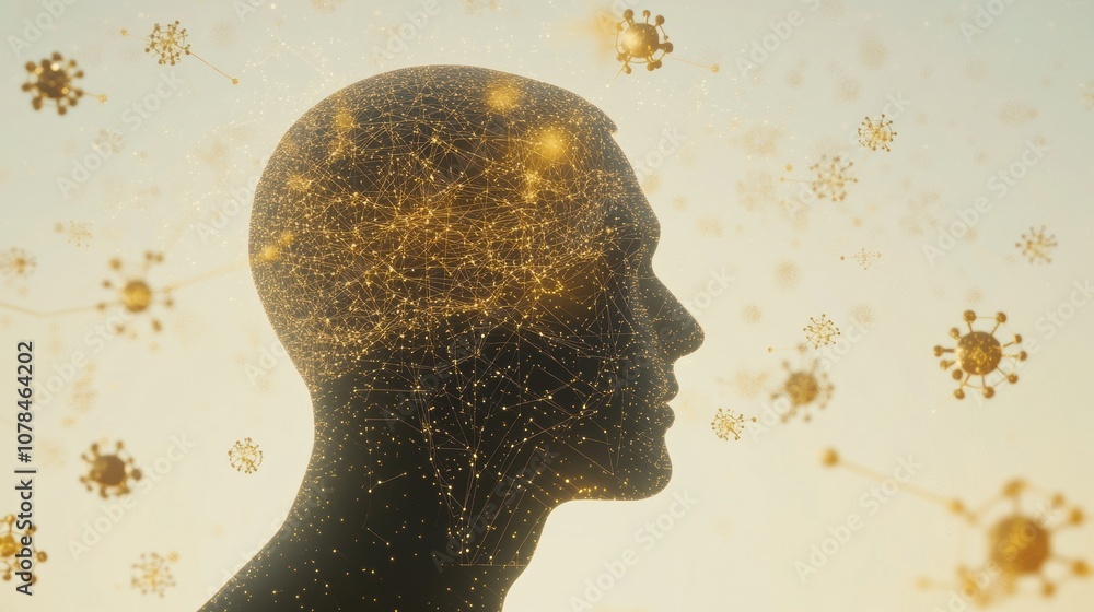 Fototapete a human silhouette is surrounded by intricate molecular structures and diagrams, symbolizing complex