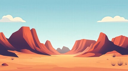 Naklejka premium A Desert Valley with Steep Red Mountains and a Blue Sky