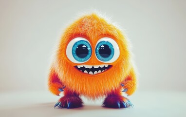 Fototapeta premium Cute and funny colored furry chrismas style monster 3D cartoon character. huge big eyes good smile furry and pretty on white background 