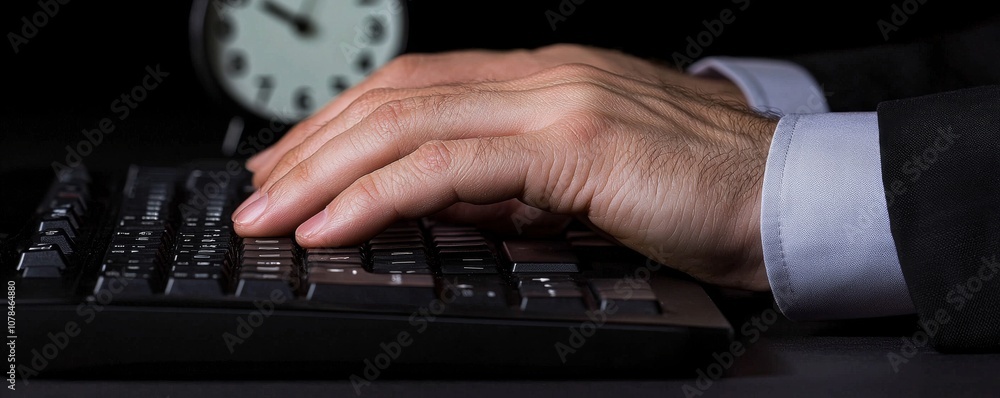 Poster a close-up of a hand typing on a keyboard, with a clock in the background, suggesting productivity o