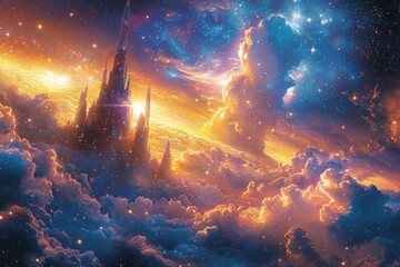 Explore the beauty of an abstract galaxy scene filled with soft clouds and watercolor effects