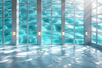 Obraz premium Empty room with large windows overlooking a turquoise ocean.