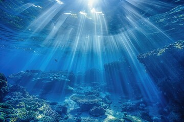 Sunbeams streaming through the deep blue water