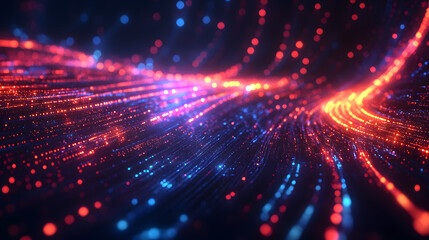 Naklejka premium Abstract tech background with illuminated fiber optic connections, quantum computing network system and electronic global intelligence