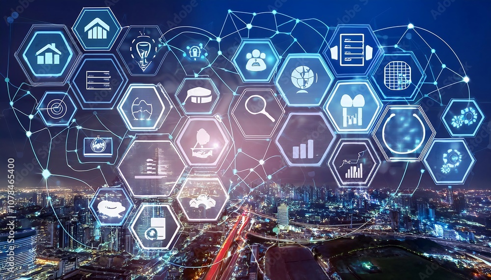 Poster a network of interconnected hexagons containing various business and technology icons is displayed o