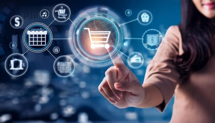 A person finger touches a holographic shopping cart icon surrounded by other online shopping icons such as a calendar, dollar sign, and shopping cart.