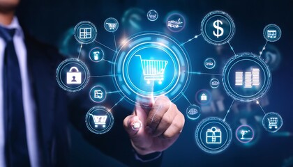 A person finger touches a holographic shopping cart icon surrounded by other online shopping icons such as a calendar, dollar sign, and shopping cart.