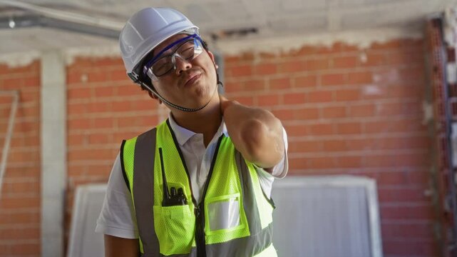 Young man wearing safety vest and helmet working at a construction site indoors with brick walls holding his neck in pain