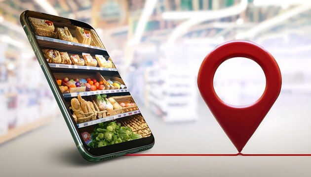 A red location pin icon is connected by a red path to a stylized smartphone displaying grocery items on shelves, representing online grocery ordering and delivery