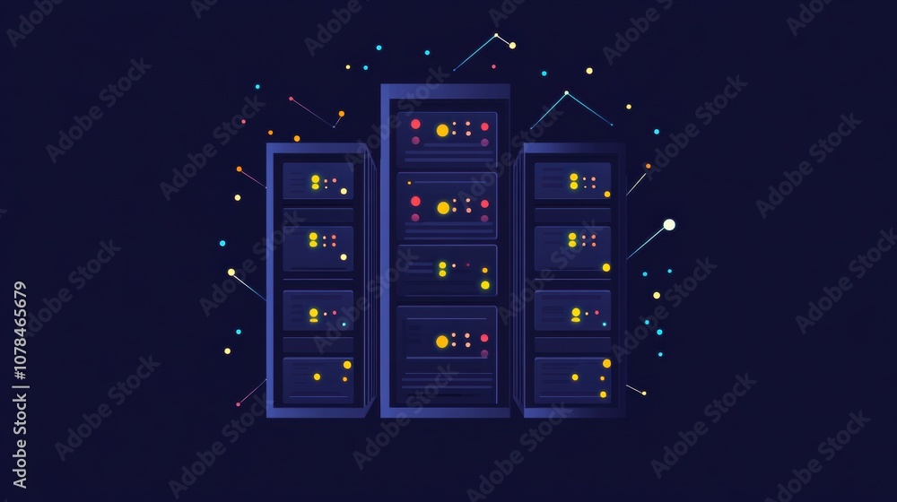 Aufkleber In a sleek data center, multiple servers feature blinking indicators set against a dark backdrop, showcasing operational activity. Generative AI