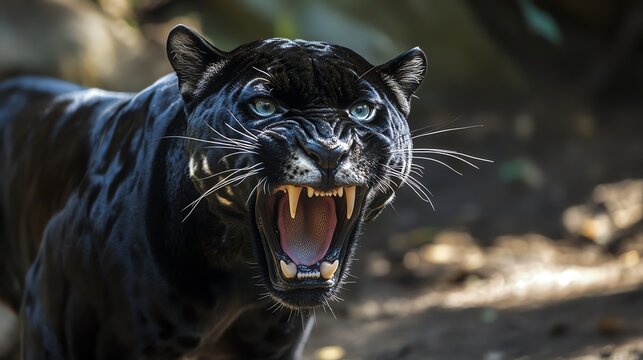 A black panther growls with its mouth open, showing its teeth.