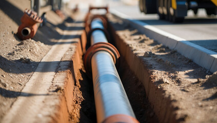 Large pipe installation in roadside trench for utility infrastructure.
