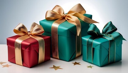 gift boxes, one teal, one red, and one green, each tied with a gold ribbon and bow, are shown against a white background.