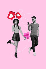 Composite trend artwork 3D sketch image photo collage of young lady pinup guy date online app heart banner hold smartphone like bouquet